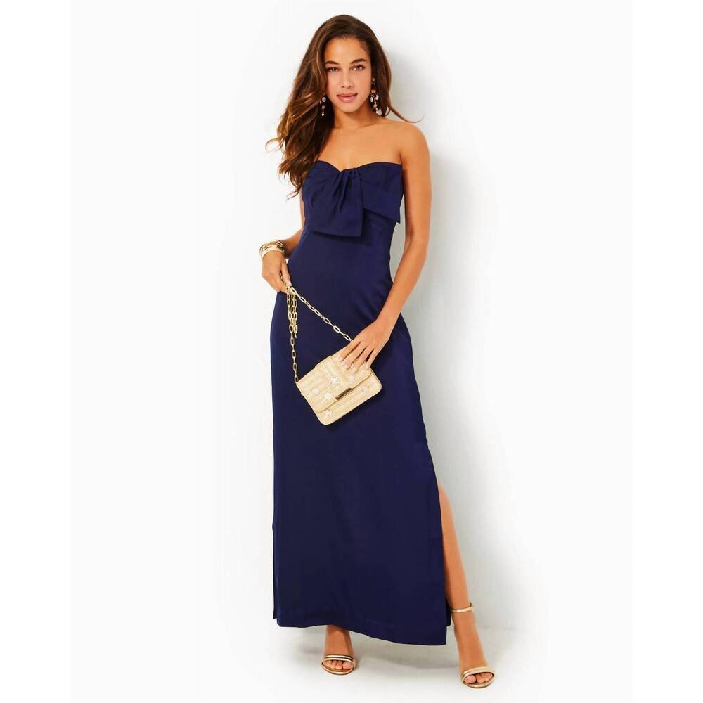 NEW LILLY PULITZER carlynn satin maxi bow dress in true navy
